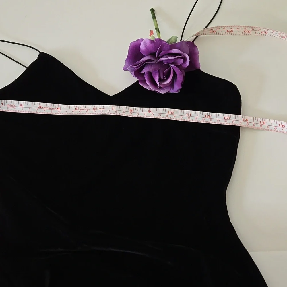 Black Velvet Midi Slip Dress Small | Stretchy Lined Bodycon by The Vintage Shop - Picture 6 of 9